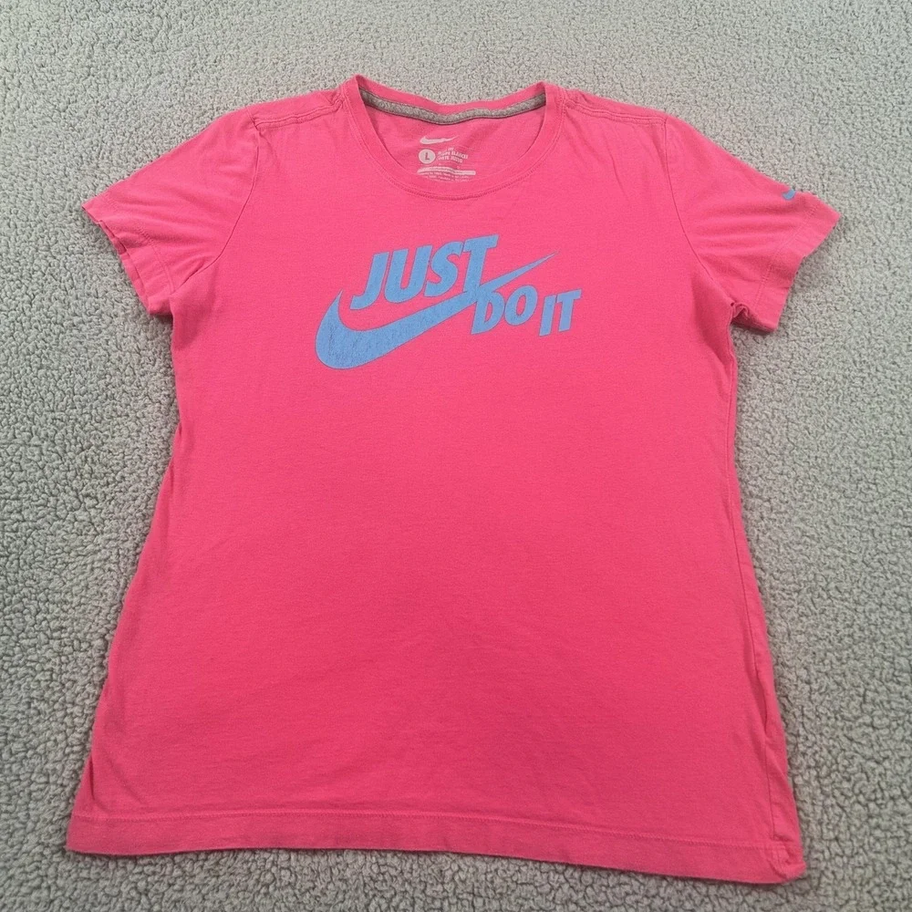 Nike Shirt Womens Large Pink Just Do It Slim Fit Crewneck Graphic Sports Tee